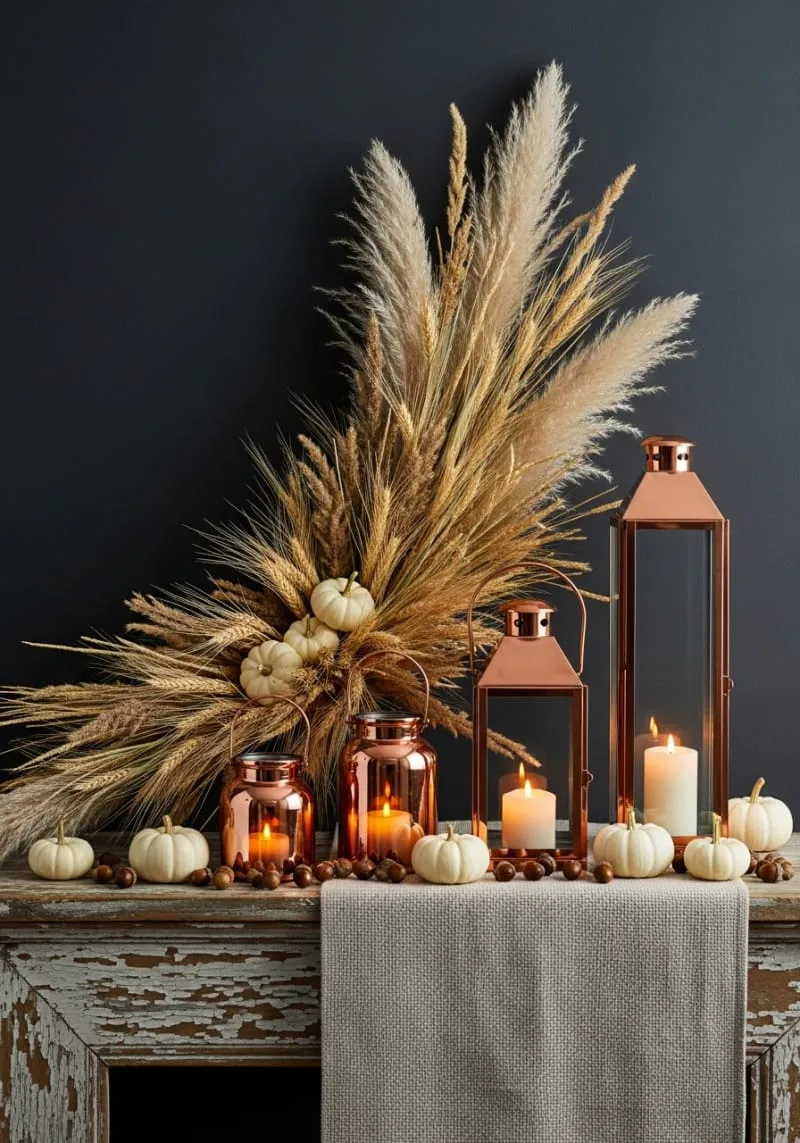 asymmetrical dried wheat and pampas grass paired with copper lanterns 1