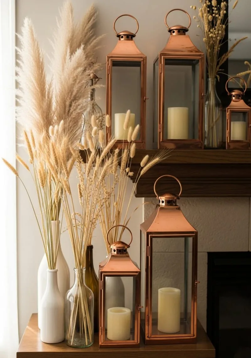 asymmetrical dried wheat and pampas grass paired with copper lanterns 1