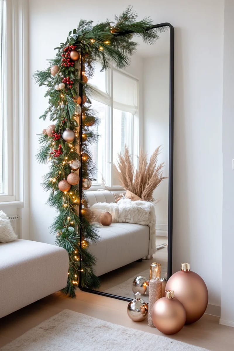 asymmetrical garland draped over a modern mirror 1