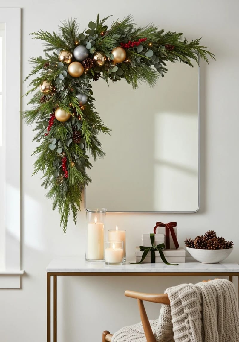 asymmetrical garland draped over a modern mirror 1