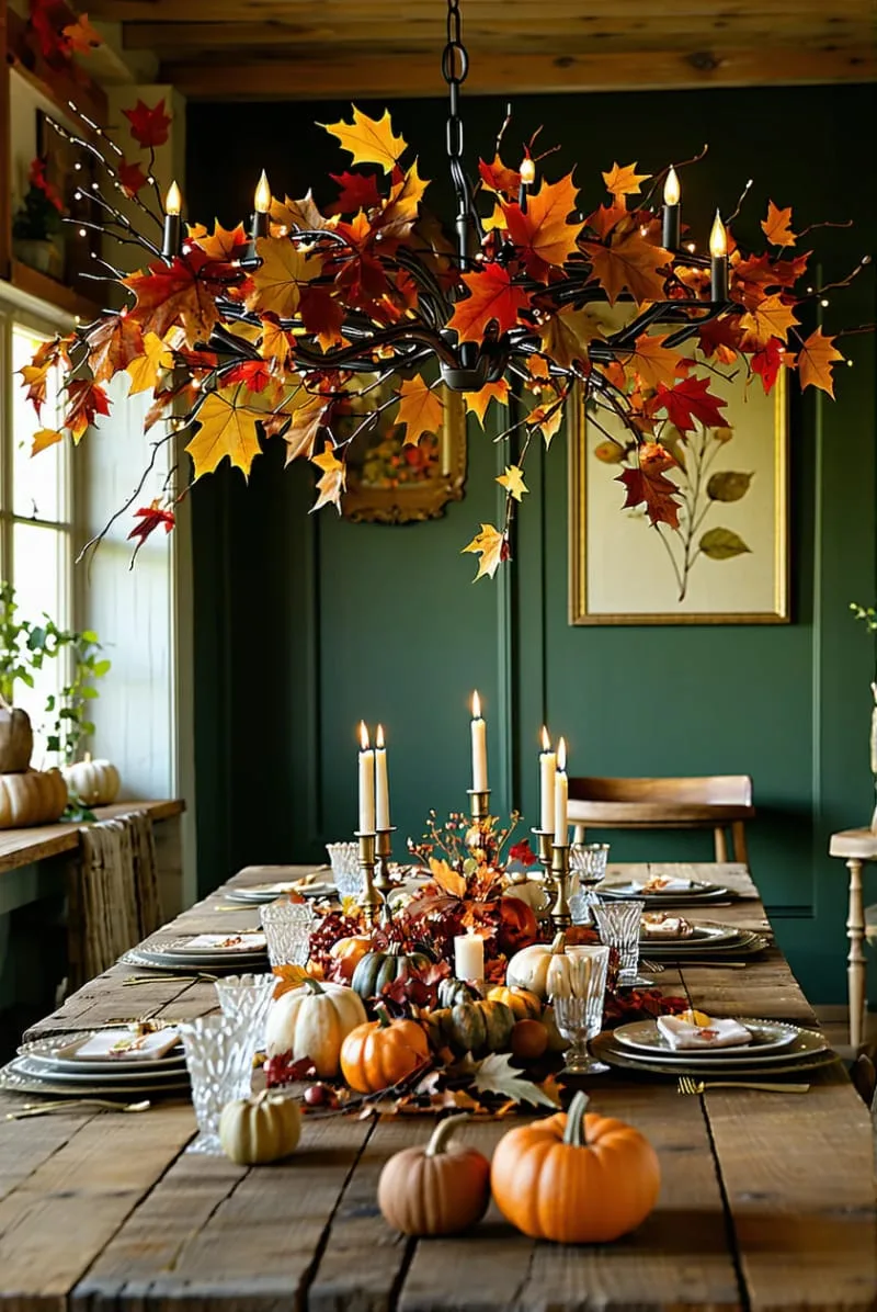 autumn leaf chandelier with fairy lights for magical evening ambiance 1