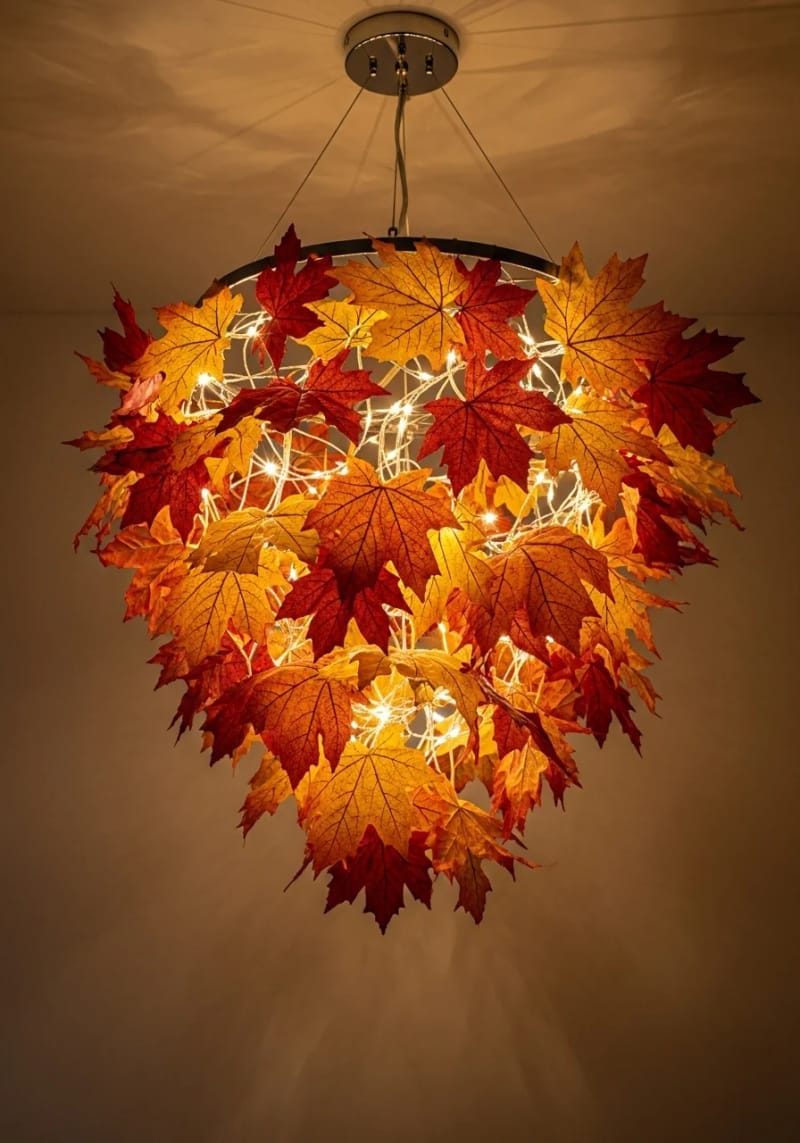 autumn leaf chandelier with fairy lights for magical evening ambiance 1