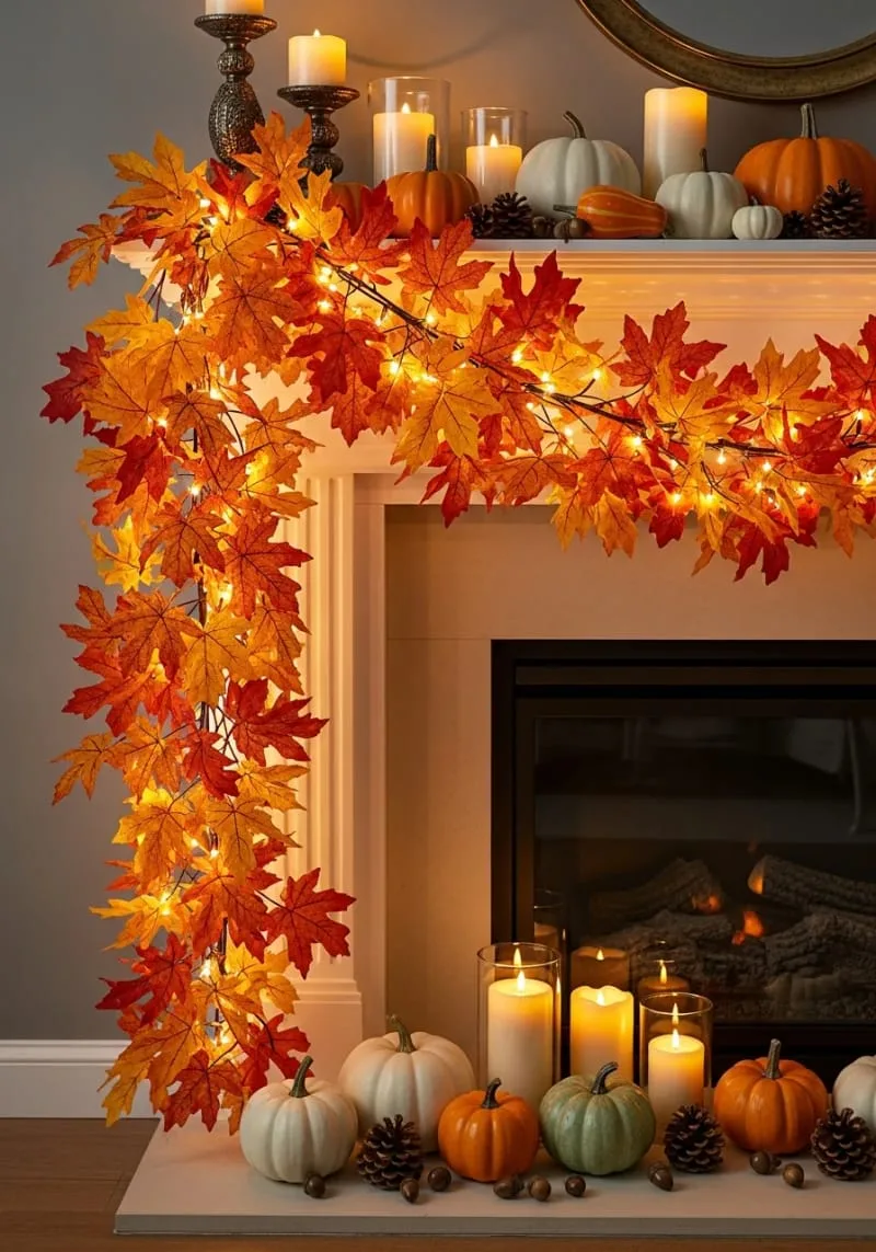 autumn leaf garland cascading down the sides with twinkling fairy lights 1