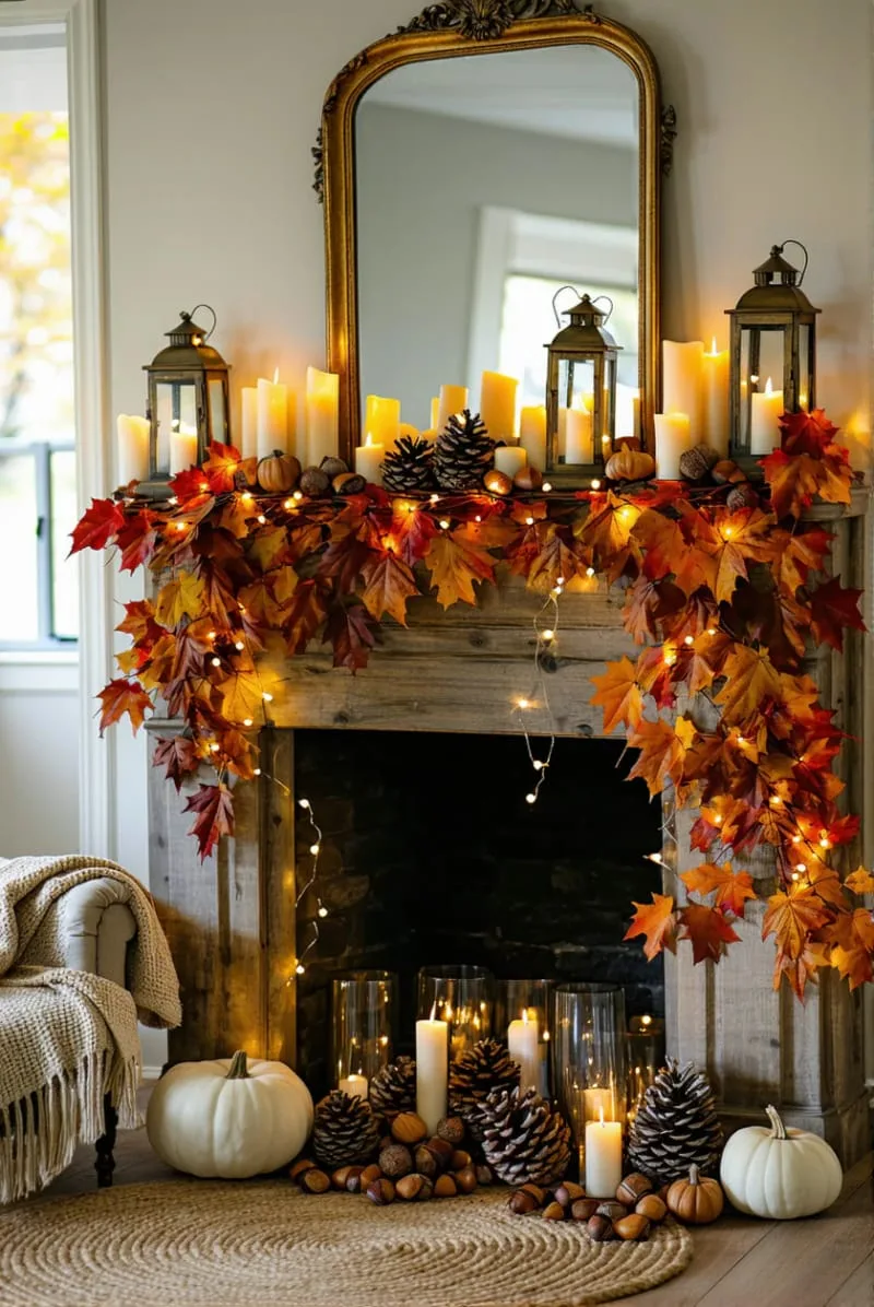 autumn leaf garland cascading down the sides with twinkling fairy lights 1