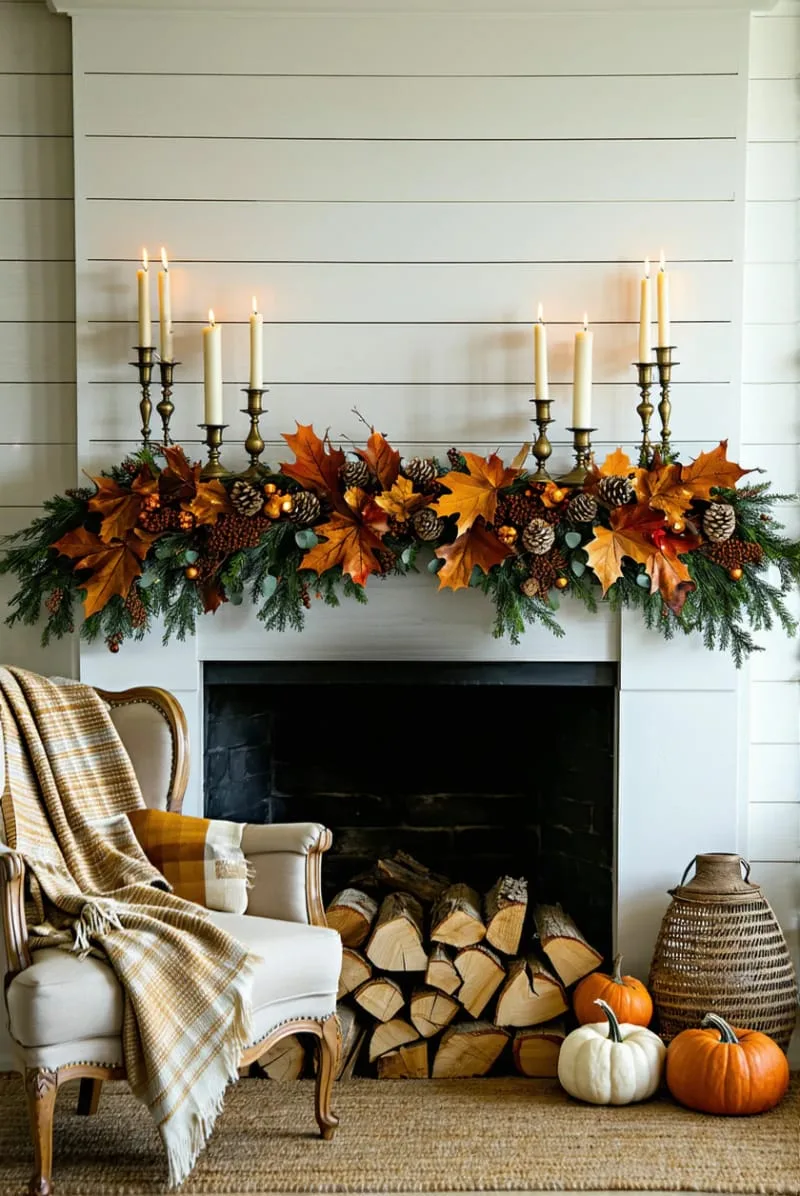 autumn leaf garland draped across a farmhouse style fireplace mantel 1