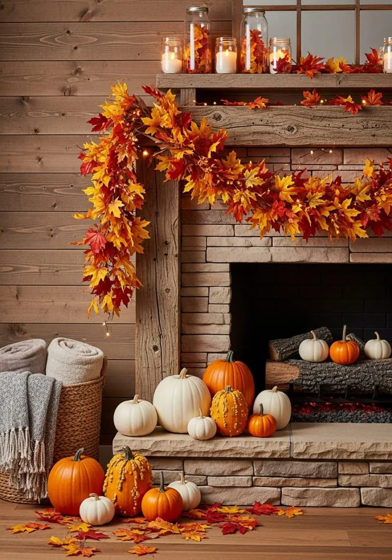 autumn leaf garland draped across a farmhouse style fireplace mantel 1