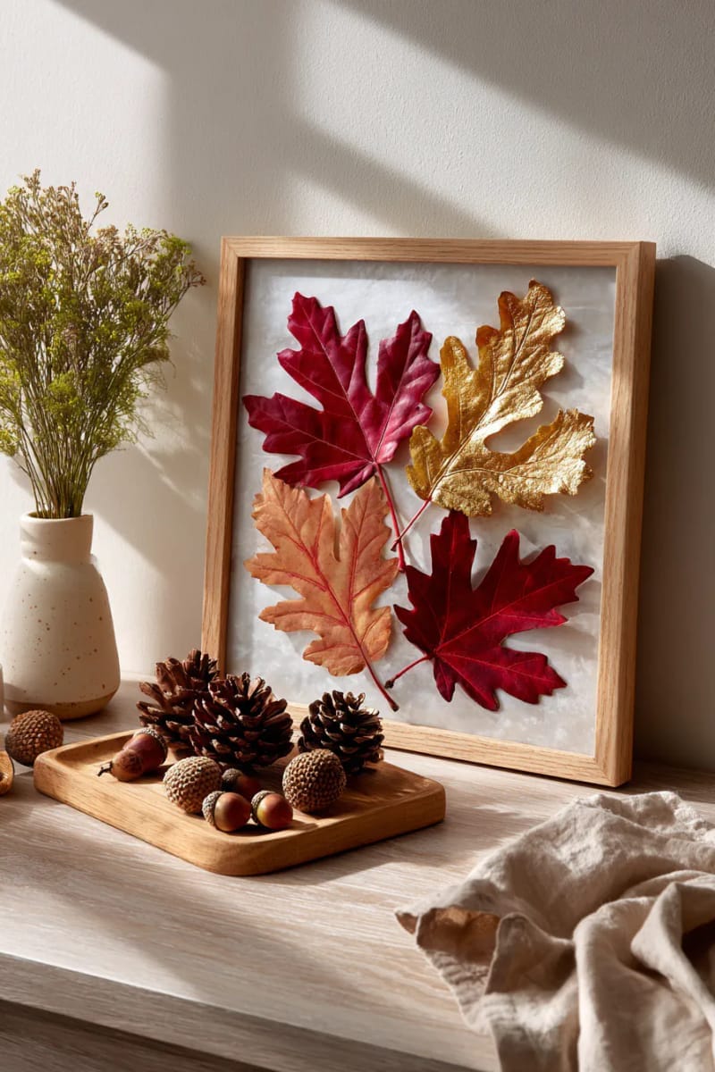 autumn leaf wall art collage with metallic foil accents 1