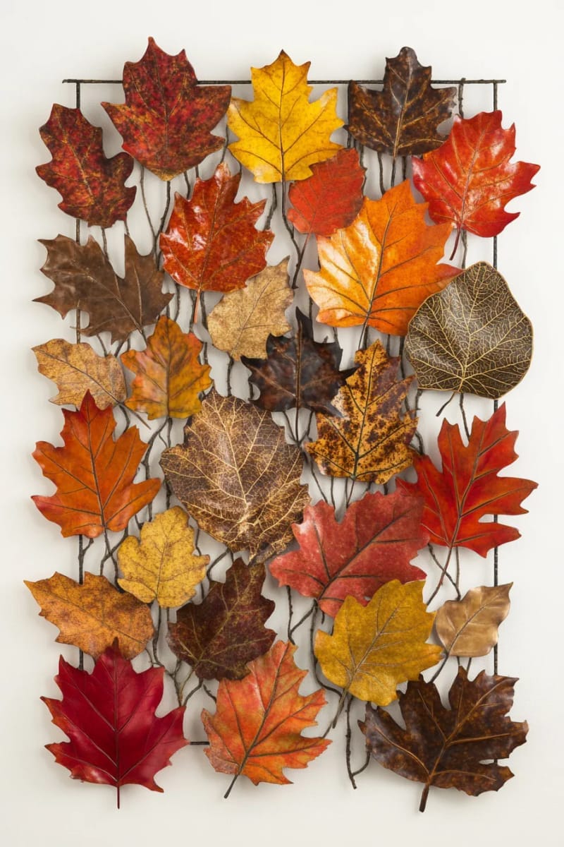 autumn leaf wall art collage with metallic foil accents 1