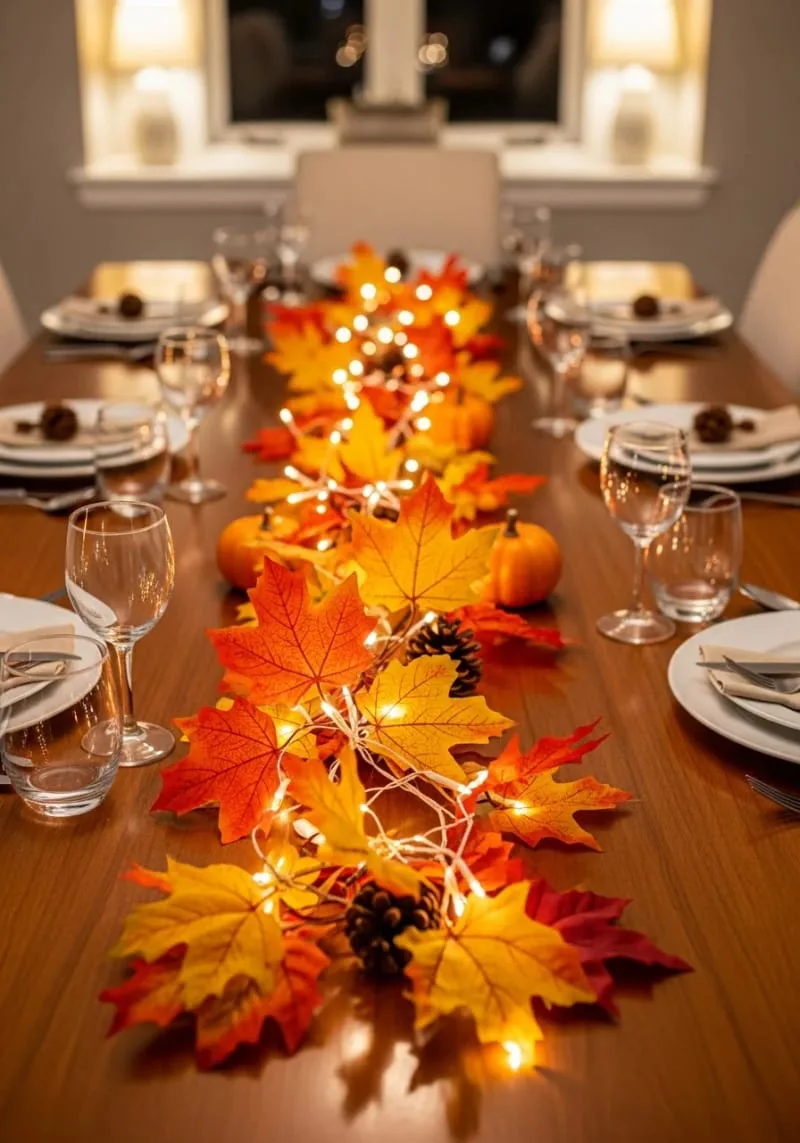 autumn leaves and fairy lights garland draped across the dining table 1