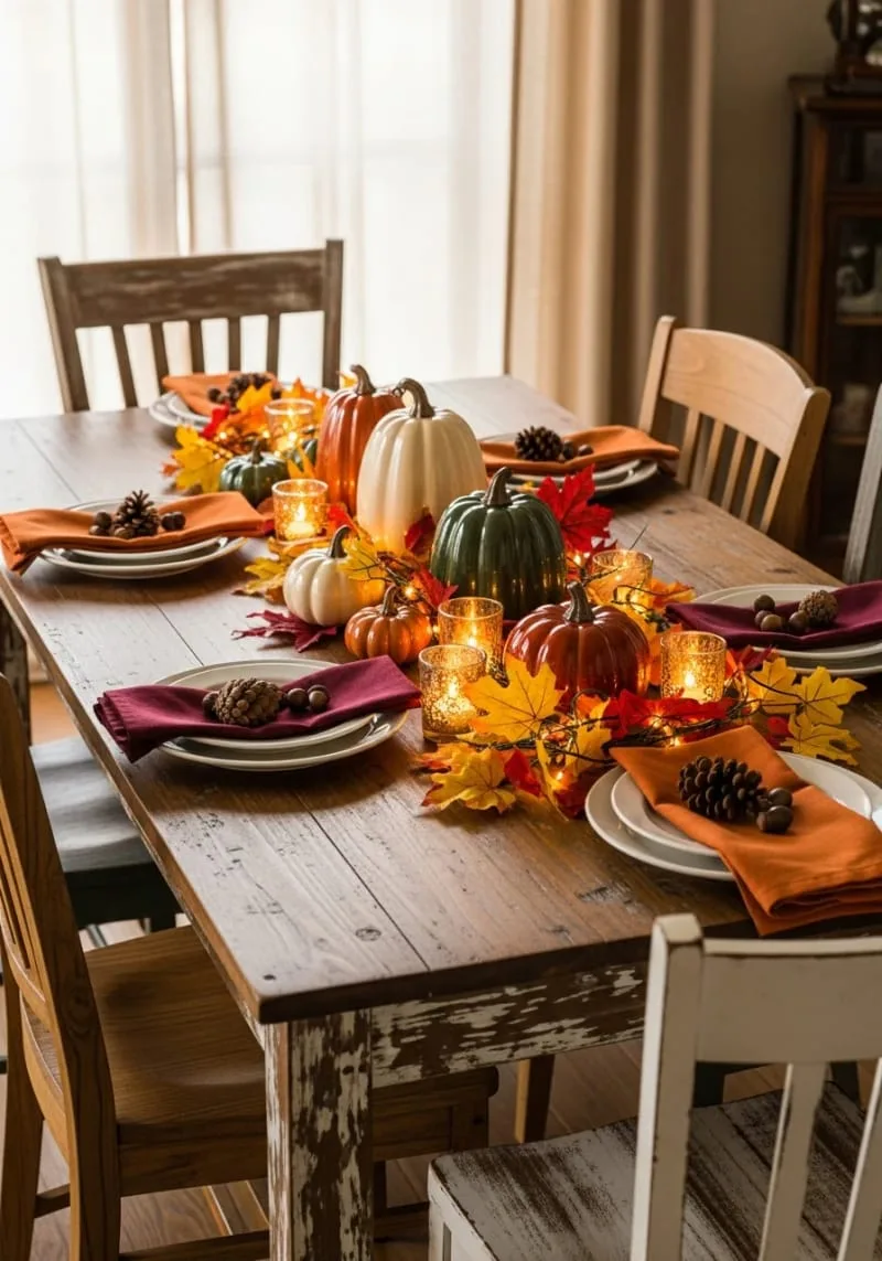autumn leaves and fairy lights garland draped across the dining table 1