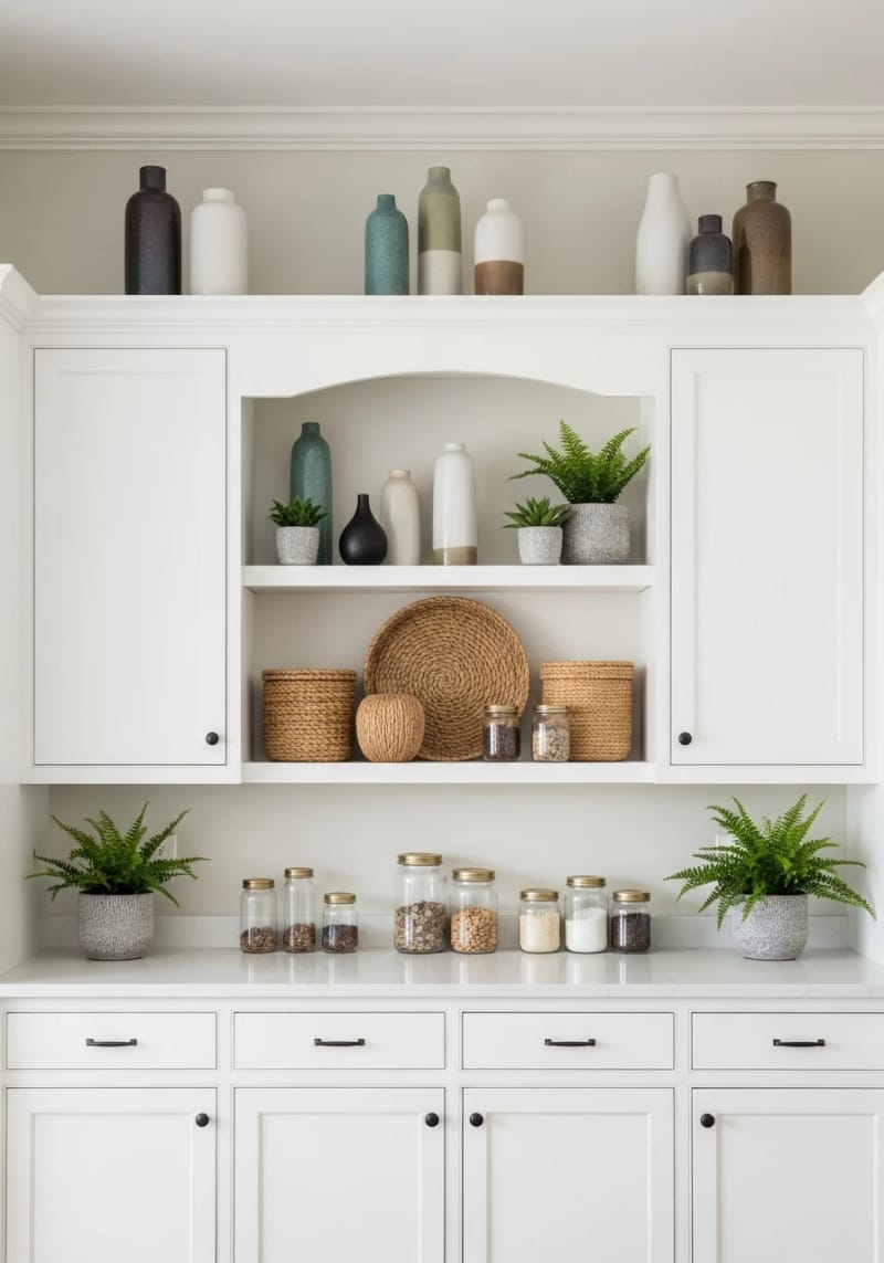 balanced compositions with odd-numbered decorative objects above cabinets 1