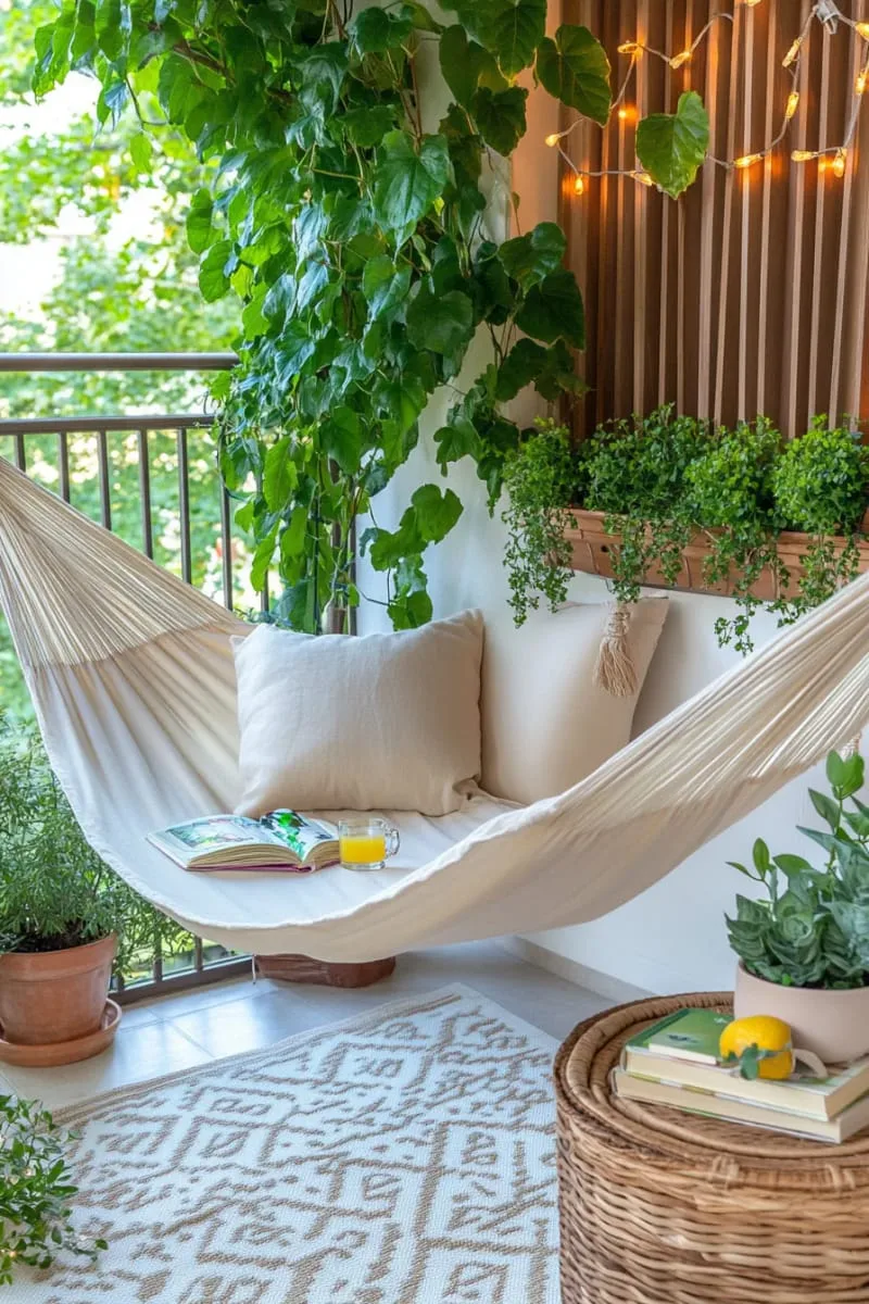 balcony hammock surrounded by hanging plant baskets 1
