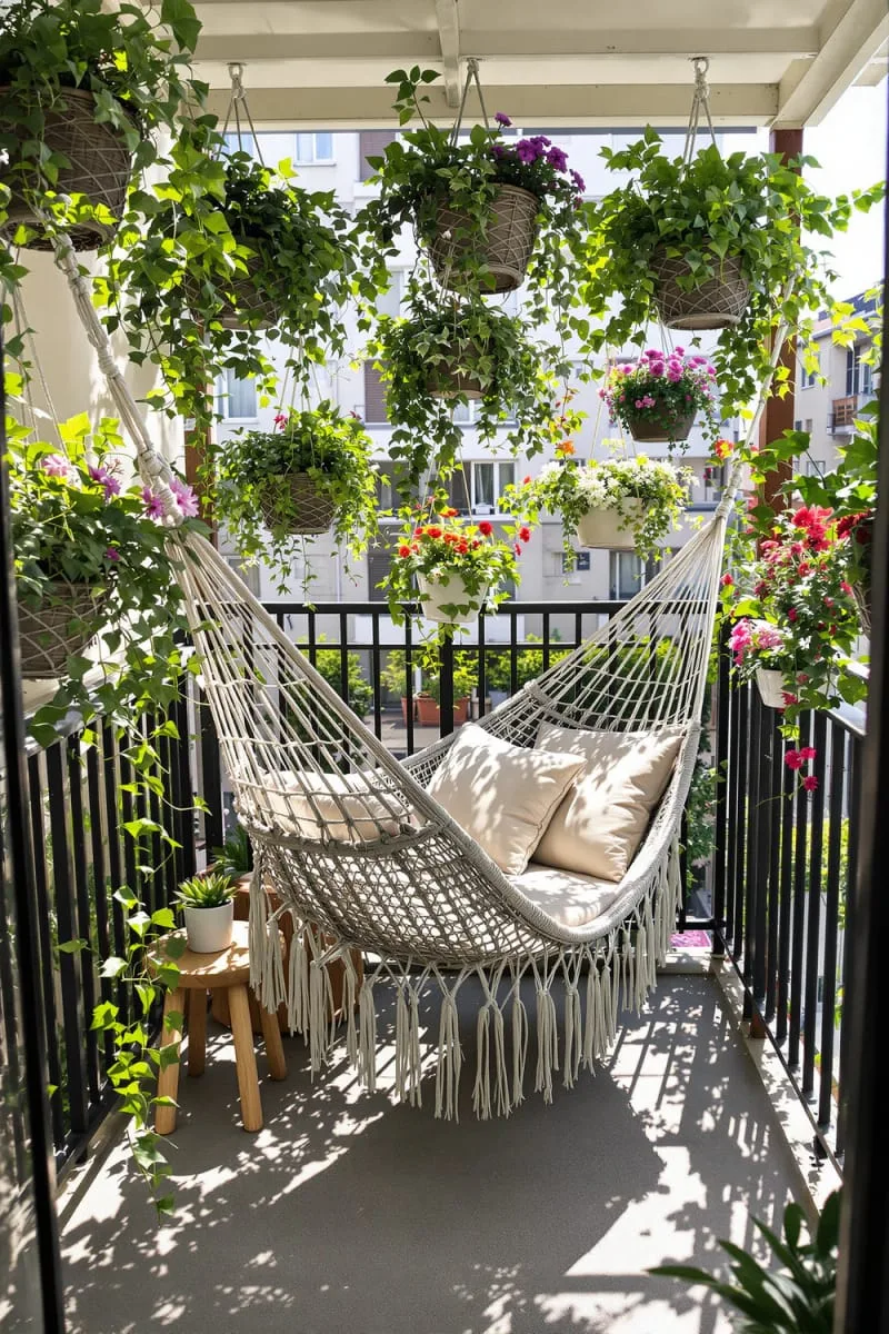 balcony hammock surrounded by hanging plant baskets 1