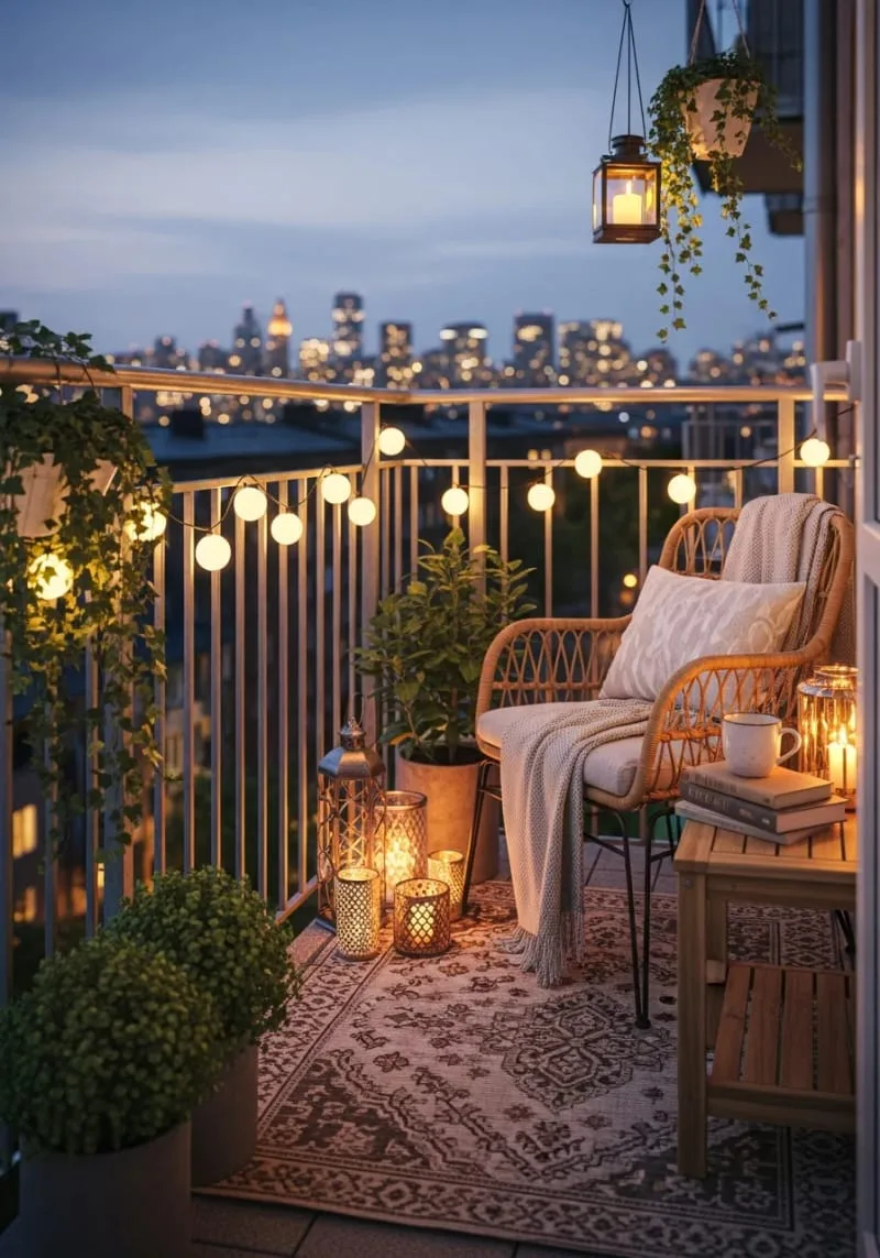 balcony railings wrapped with twinkling globe lights 1