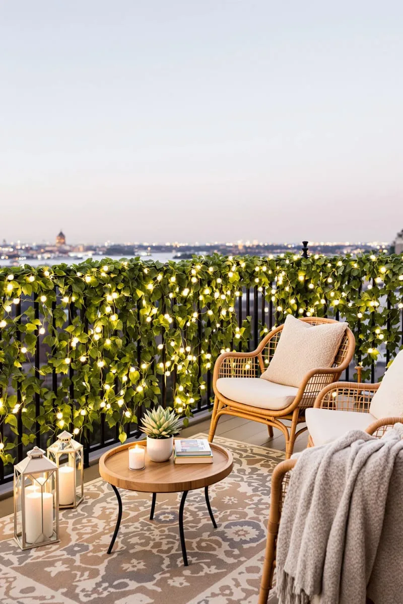 balcony railings wrapped with twinkling globe lights 1