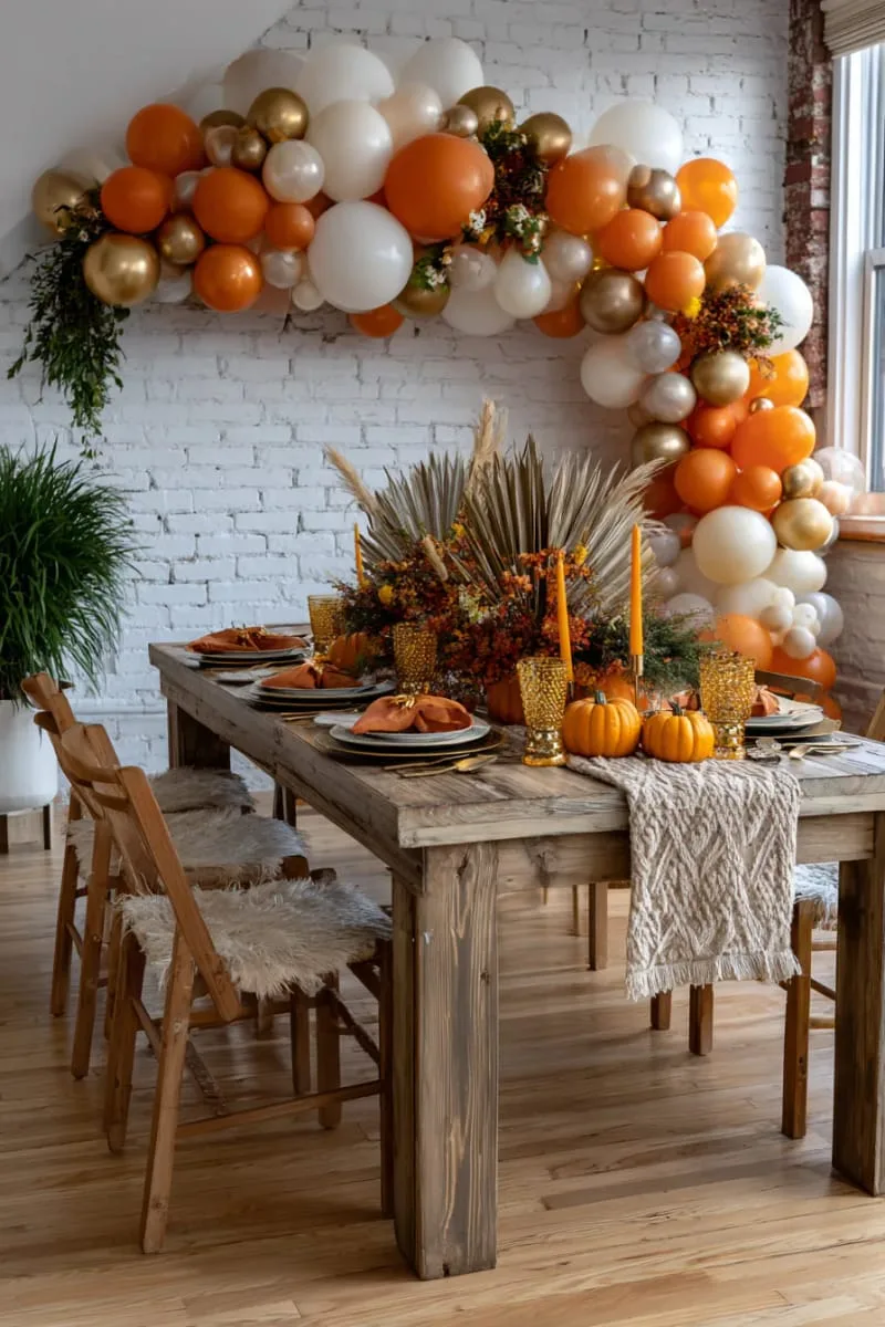 balloon arch in burnt orange, gold, and cream shades 1