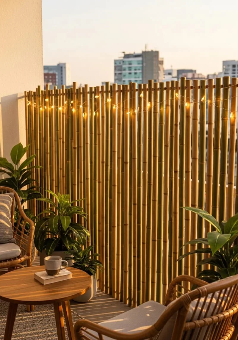 bamboo privacy screen adorned with fairy lights 1