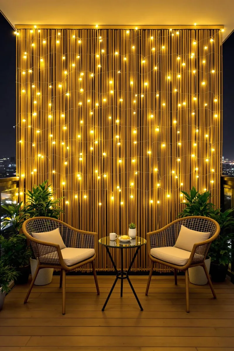 bamboo privacy screen adorned with fairy lights 1