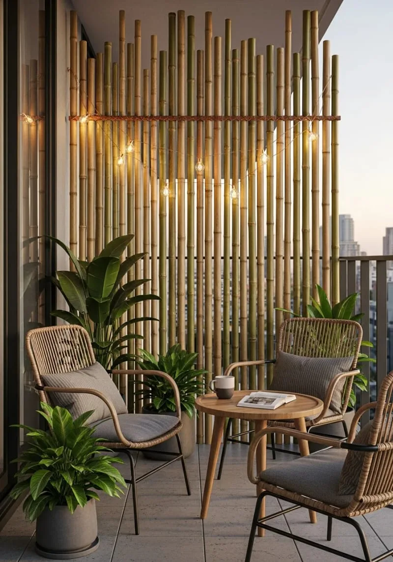 bamboo privacy screen adorned with fairy lights 1