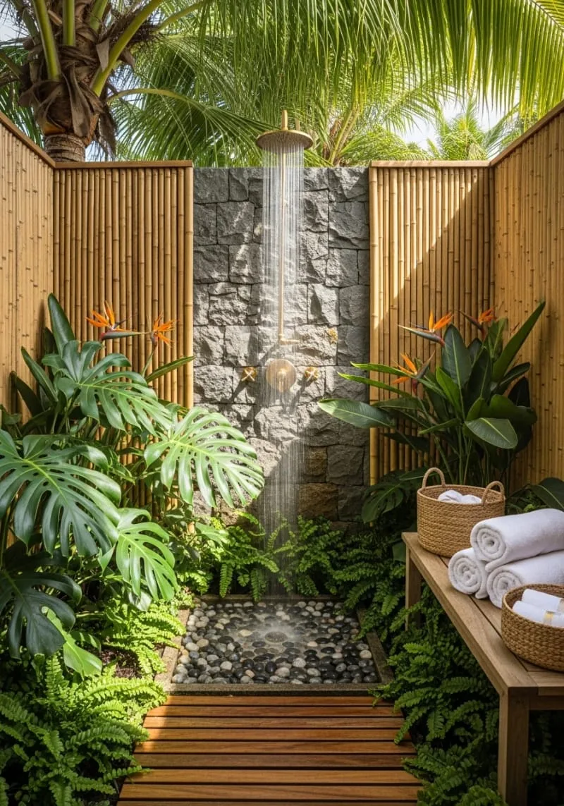 bamboo privacy screens with tropical plants for a spa-like outdoor shower 1