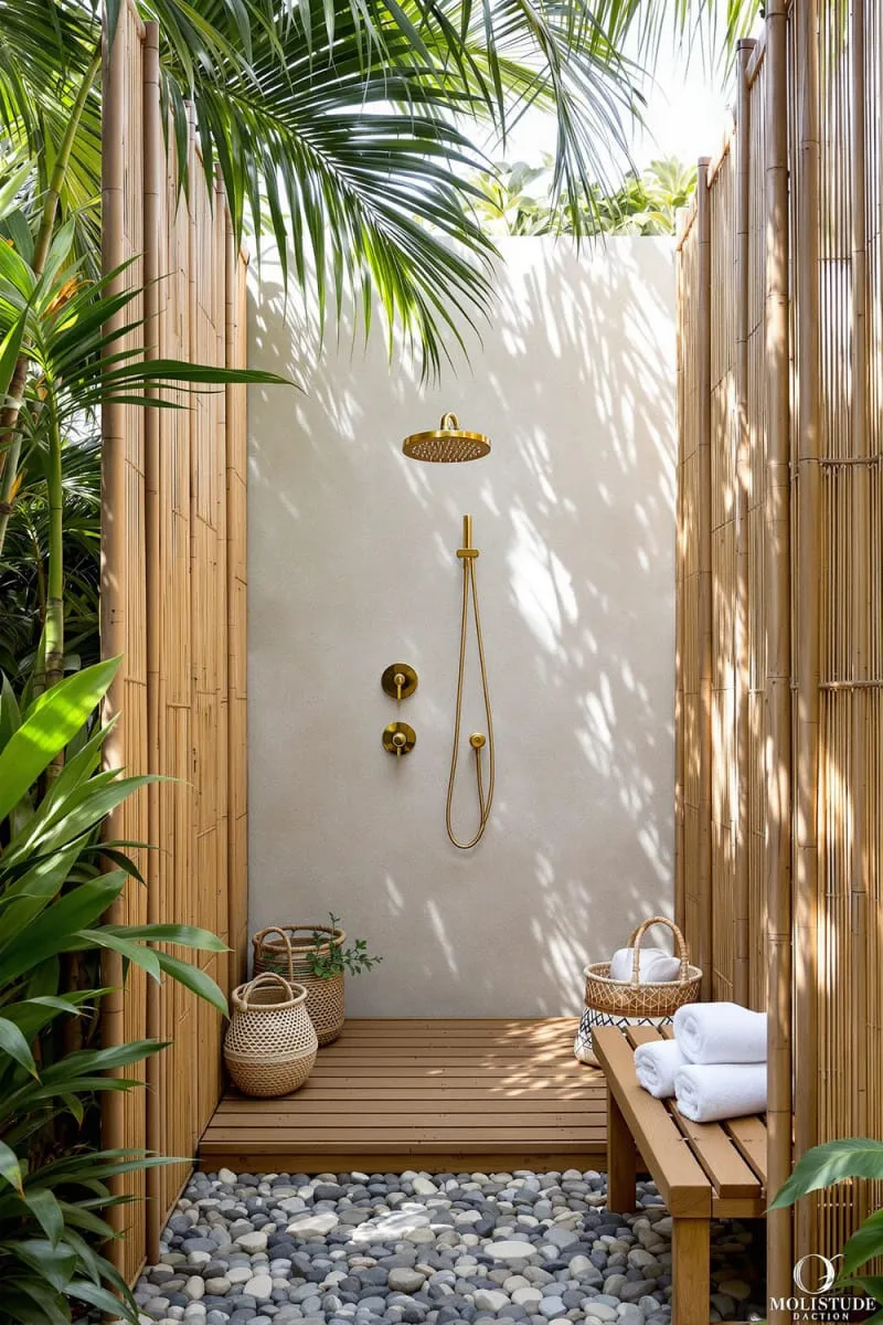 bamboo privacy screens with tropical plants for a spa-like outdoor shower 1