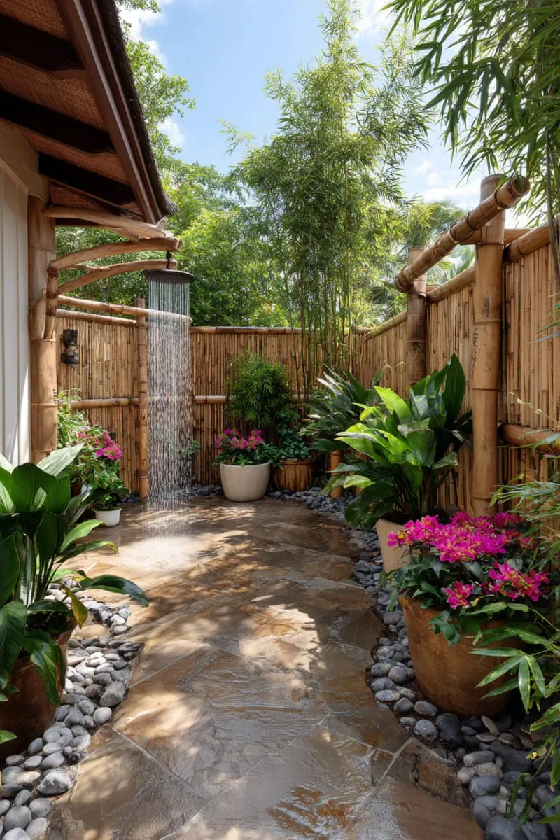 bamboo privacy screens with tropical plants for a spa-like outdoor shower 1
