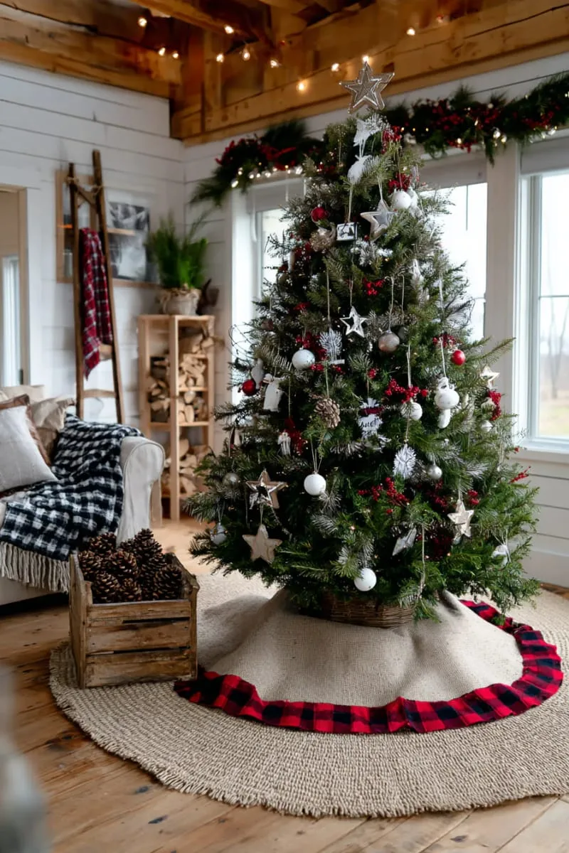 barn-inspired christmas tree skirt with burlap and plaid trim 1
