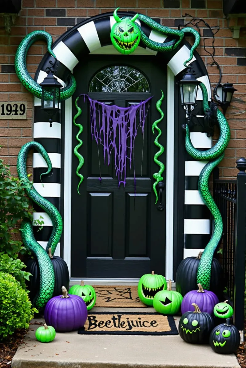 21 Creative Halloween Door Decorations: Ideas for a Festive Welcome 45 beetlejuice-inspired striped arch and eccentric green slithering snakes 1