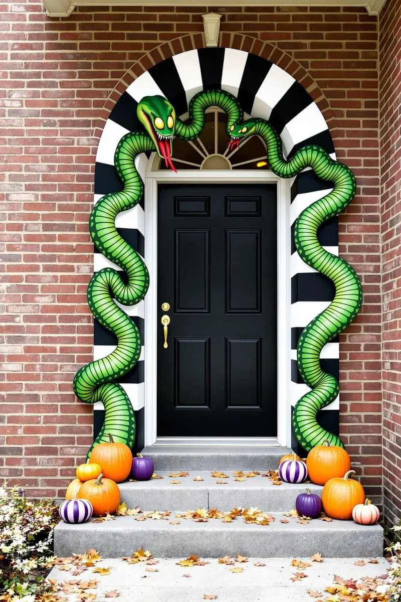 21 Creative Halloween Door Decorations: Ideas for a Festive Welcome 46 beetlejuice-inspired striped arch and eccentric green slithering snakes 1