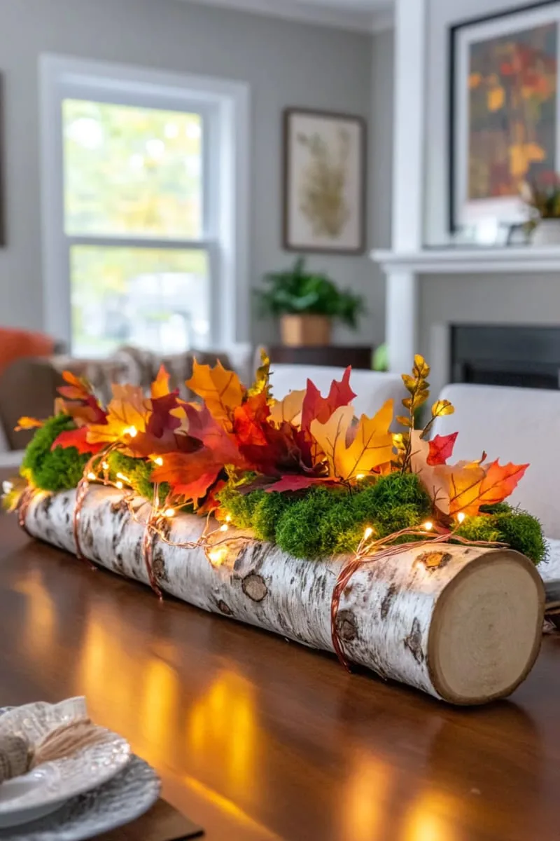 birch log centerpiece filled with faux moss and led fairy lights 1