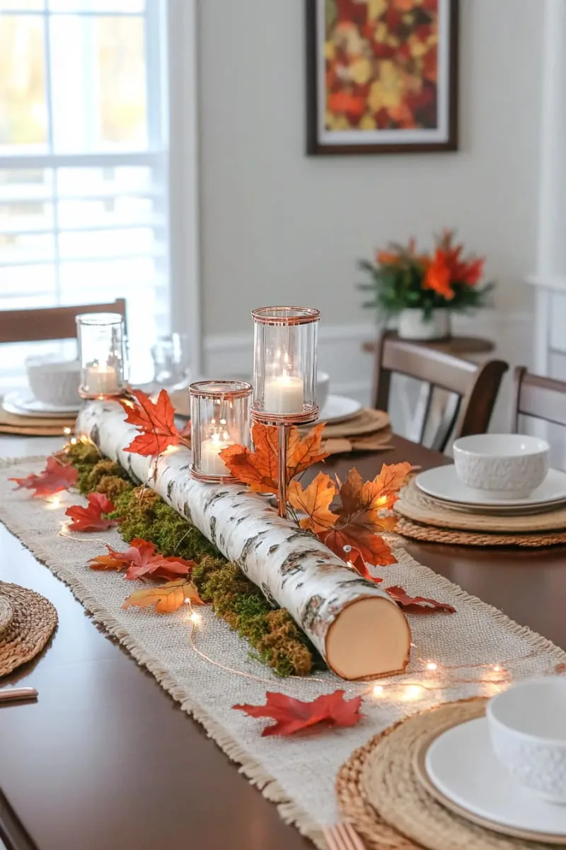 birch log centerpiece filled with faux moss and led fairy lights 1