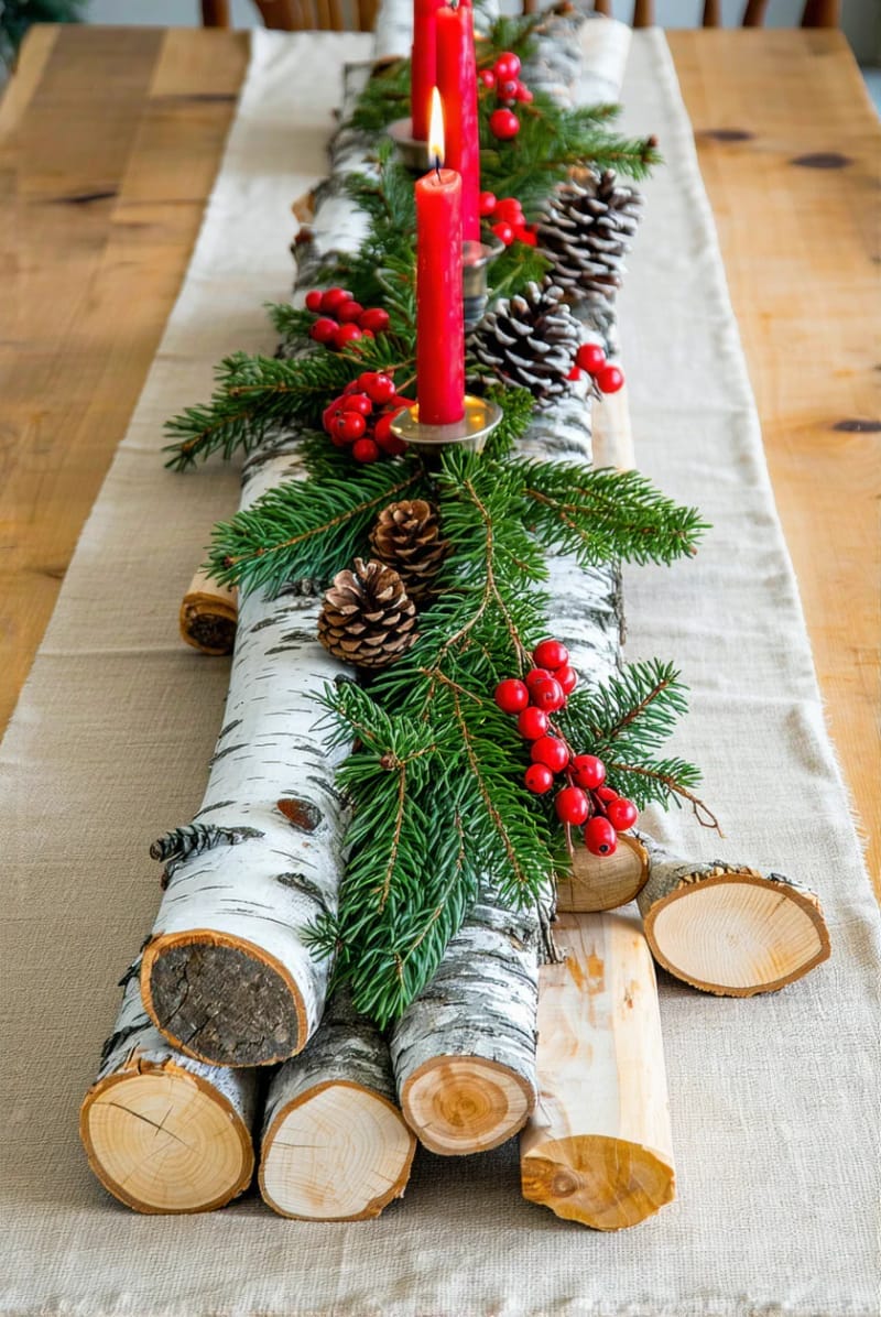 birch log centerpiece with evergreen sprigs and cranberries 1