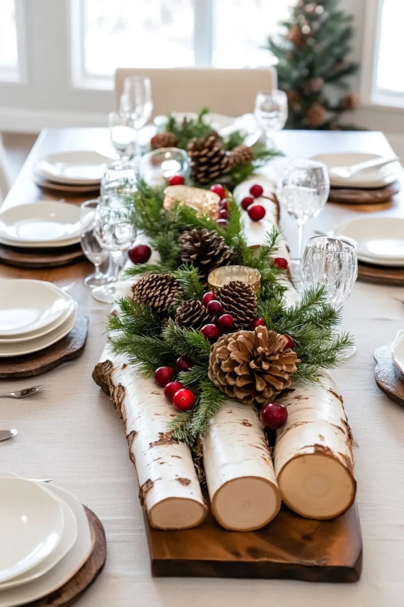 birch log centerpiece with evergreen sprigs and cranberries 1