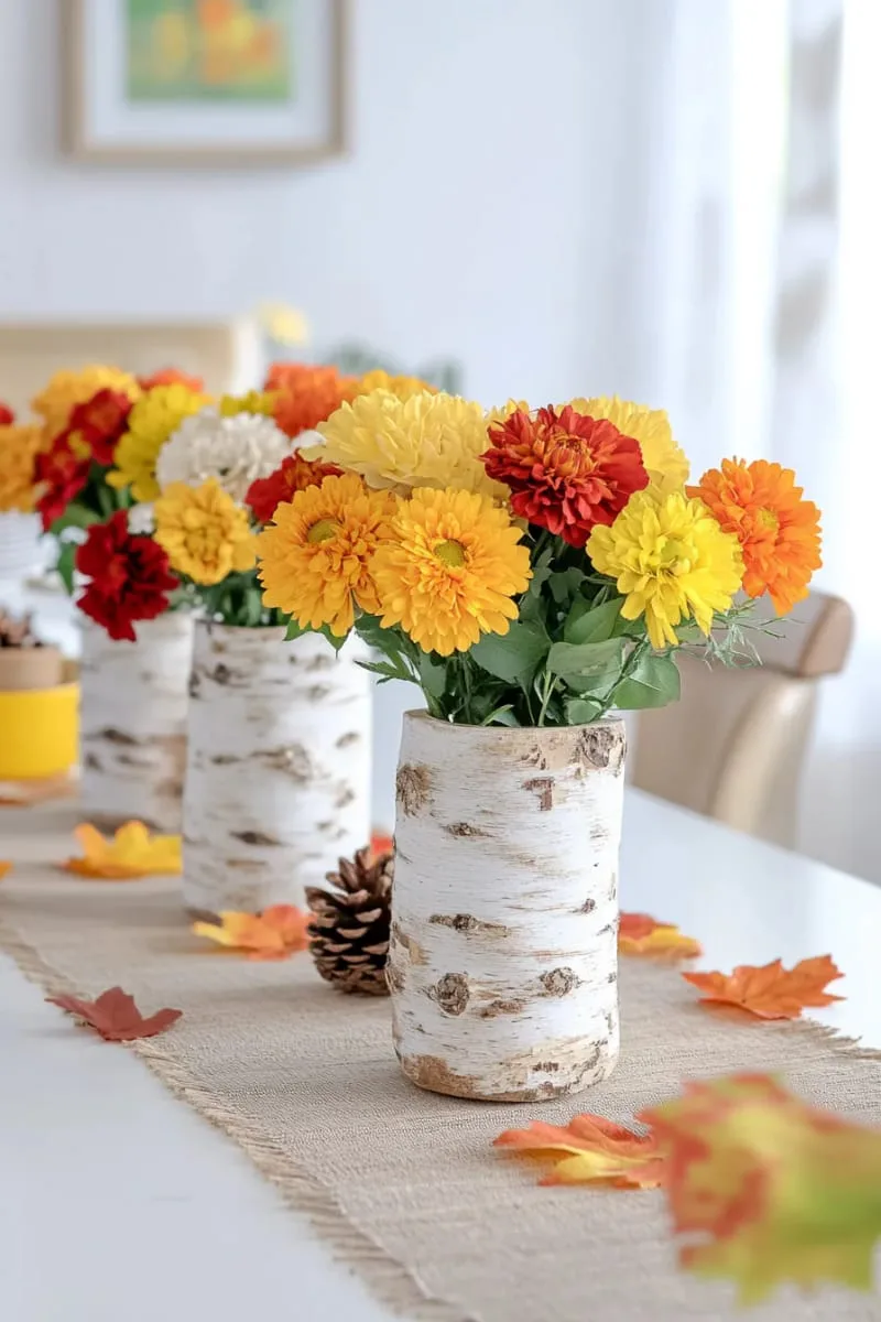 birch log vases filled with marigolds and mums 1
