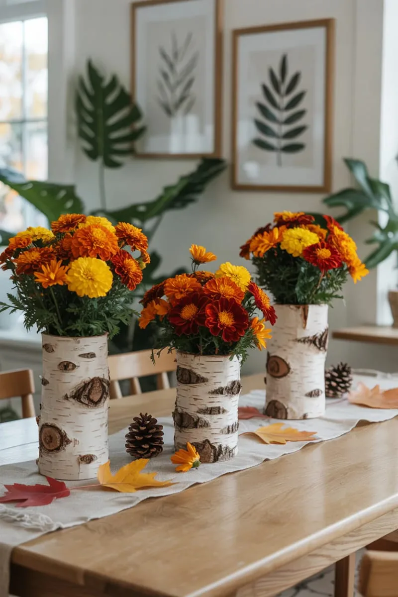 birch log vases filled with marigolds and mums 1