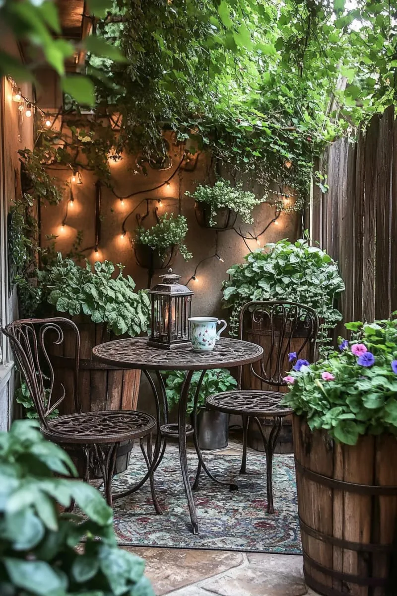 27 New Small Backyard Designs to Copy For Your Outdoor Space 87 bistro table set tucked beside charming flower planters 1