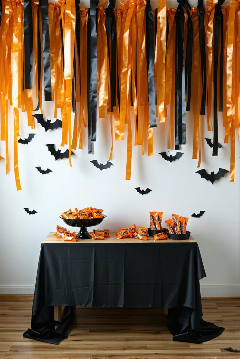 21 Simple Halloween Decorations for an Easy Seasonal Touch 77 black and orange streamers cascading from the ceiling 1