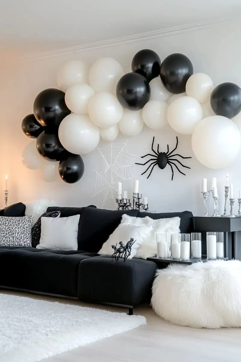 21 Elegant Indoor Halloween Decor Ideas for Modern Spaces 72 black-and-white balloon wall with giant spider accent. 1