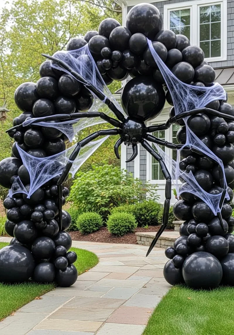 21 Unique Outdoor Halloween Decorations to Try This Year 20 black balloon archway with giant spider and web accents 1