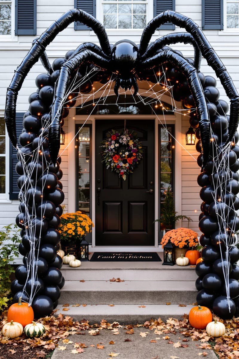 21 Unique Outdoor Halloween Decorations to Try This Year 18 black balloon archway with giant spider and web accents 1
