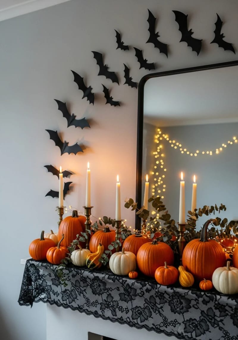 black bat silhouettes flying across the wall, pumpkins clustered along the mantle edge 1