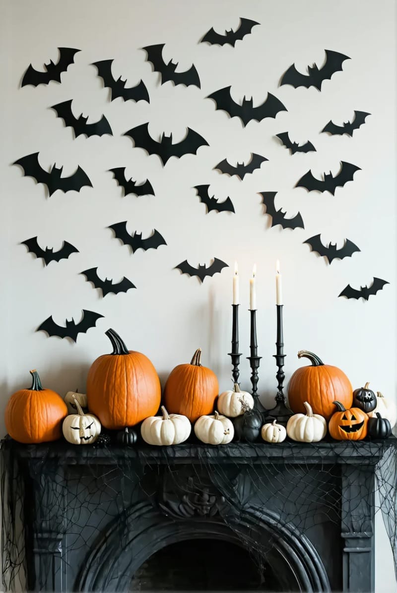 black bat silhouettes flying across the wall, pumpkins clustered along the mantle edge 1