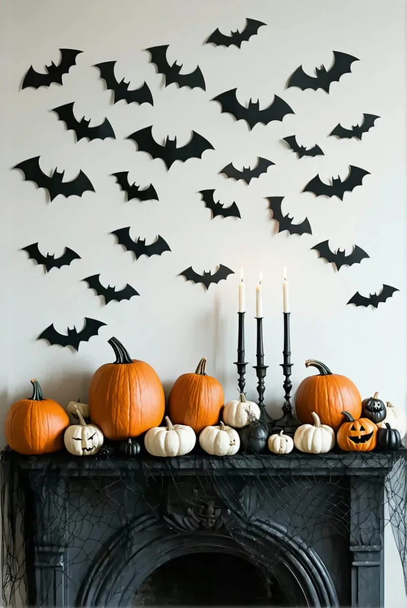 black bat silhouettes flying across the wall, pumpkins clustered along the mantle edge 1