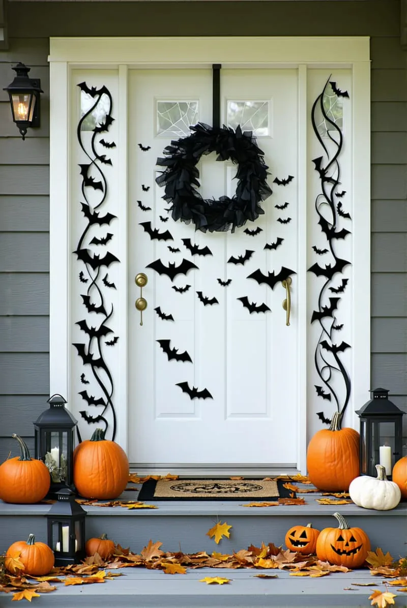 21 Creative Halloween Door Decorations: Ideas for a Festive Welcome 79 black bat silhouettes swarming up the door and over the porch 1