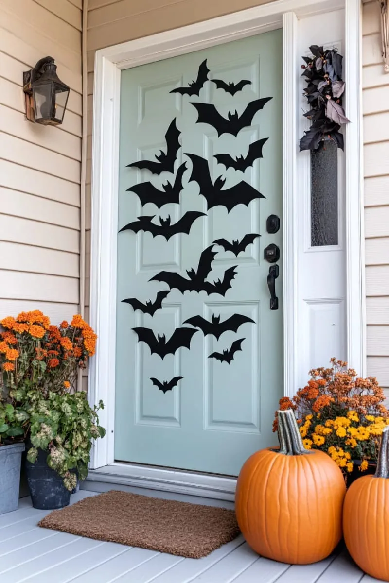 21 Creative Halloween Door Decorations: Ideas for a Festive Welcome 80 black bat silhouettes swarming up the door and over the porch 1