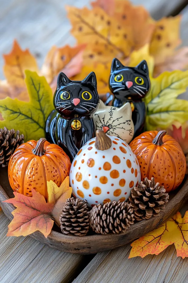 black cat figurines nestled among gold and orange autumn leaves 1