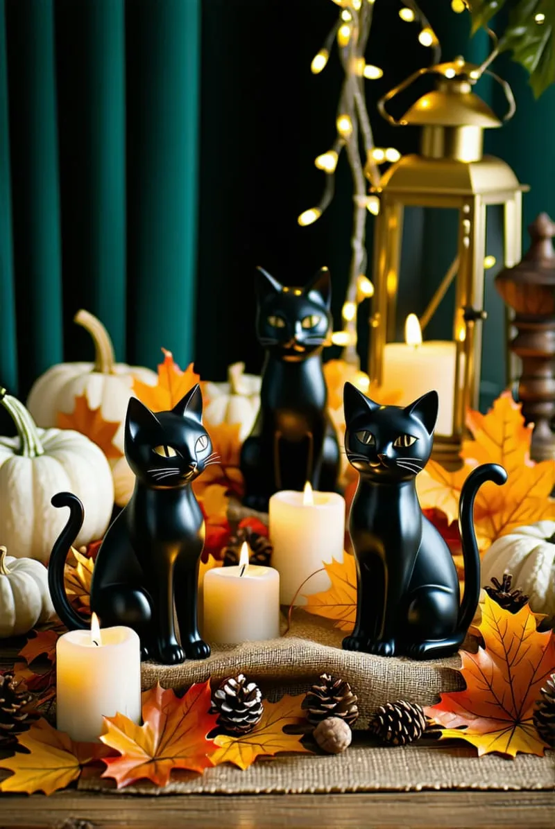 black cat figurines nestled among gold and orange autumn leaves 1