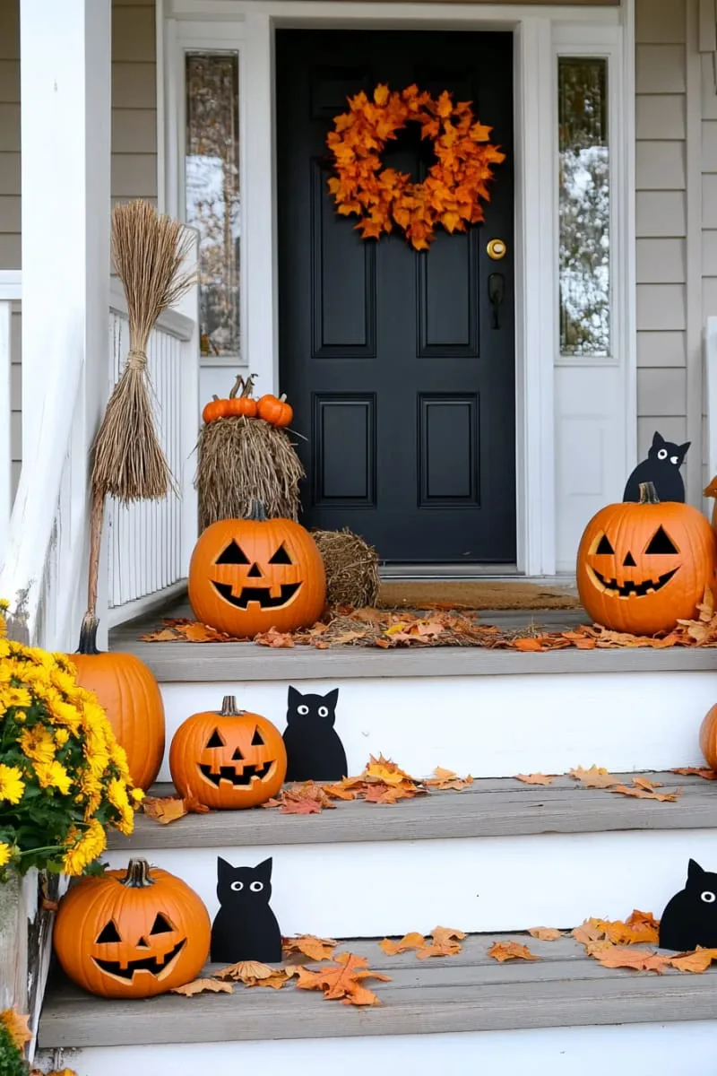 21 Halloween Porch Decorations: Ideas For A Unique Festive Entryway 35 black cat silhouettes perched on porch steps 1