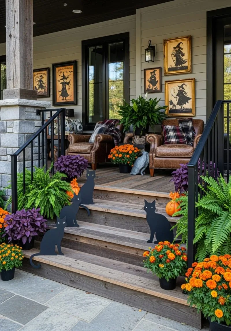 21 Halloween Porch Decorations: Ideas For A Unique Festive Entryway 38 black cat silhouettes perched on porch steps 1