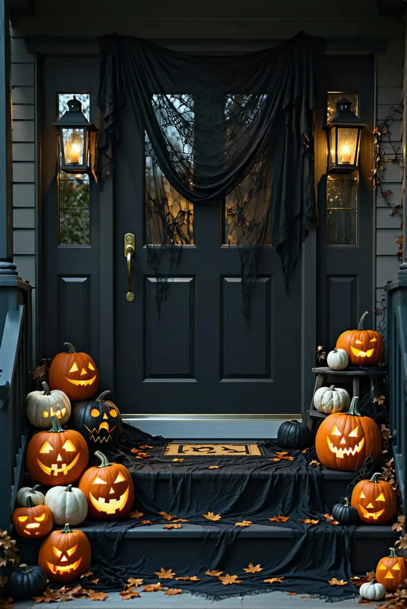 21 Creative Halloween Door Decorations: Ideas for a Festive Welcome 40 black lace draped with eerie flickering lanterns and pumpkins 1